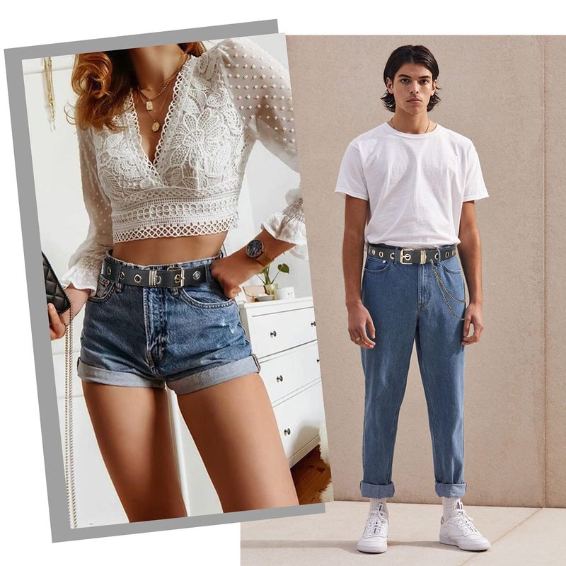 FIORETTO Grommet Leather Belt with Detachable Chain Women Men Punk Rock Waist Belts for Jeans Pants Single Holes (With Gold Chain) - Image 2