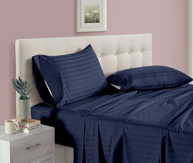 PREMIUM HOTEL QUALITY QUEEN SIZE FLAT DOUBLE BED SHEET WITH 2 PILLOW COVERS SOFTEST EGYPTIAN BEDDING FLAT SHEET STRIPE WRINKLEFREE NAVY BLUE