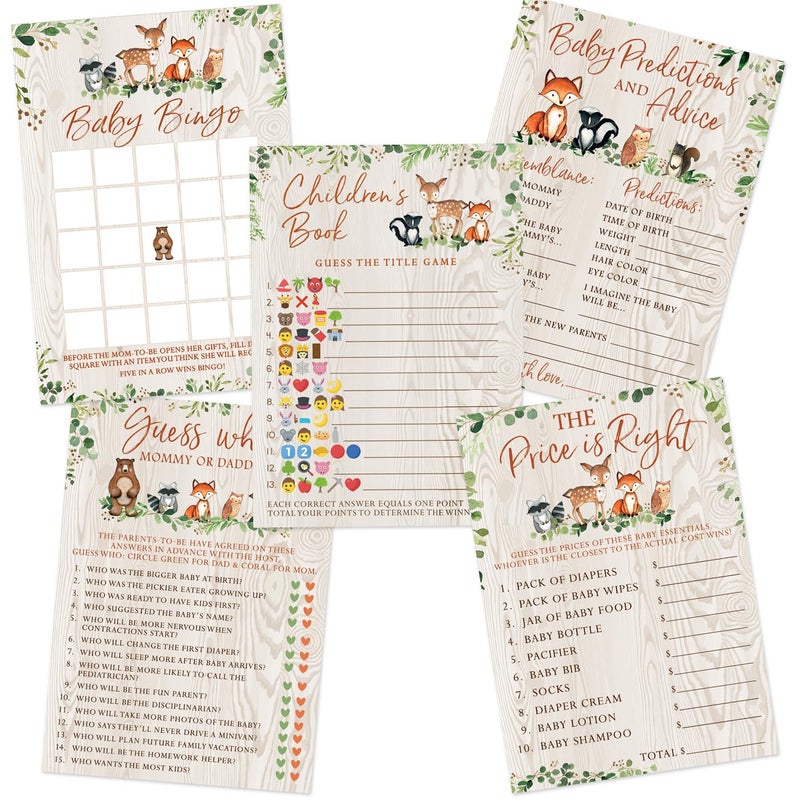 Printed Party Woodland Baby Shower Game Set  5 Fun Games  Activities for Boy or Girl Woodland Forest Animals Theme 50 Guests