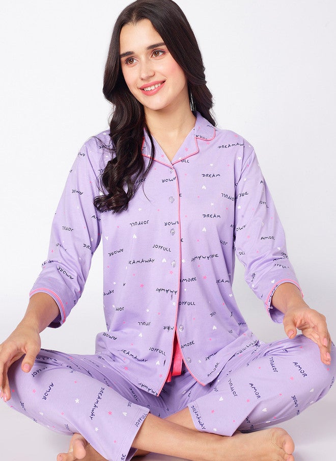 beebelle Lavender & Pink Typography Printed Night Suit - Image 5