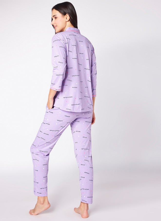 beebelle Lavender & Pink Typography Printed Night Suit - Image 4