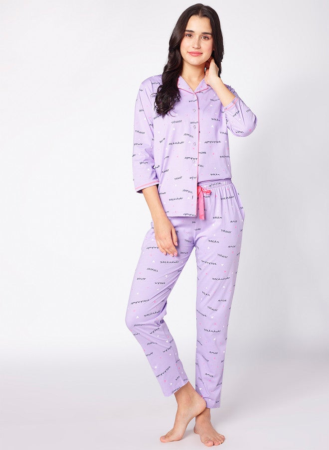 beebelle Lavender & Pink Typography Printed Night Suit - Image 1