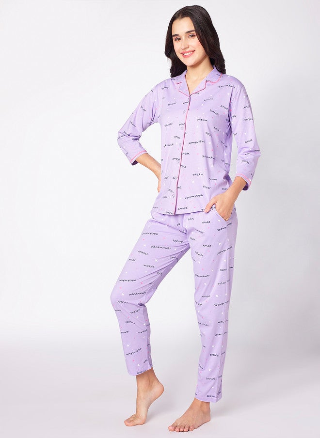 beebelle Lavender & Pink Typography Printed Night Suit - Image 3