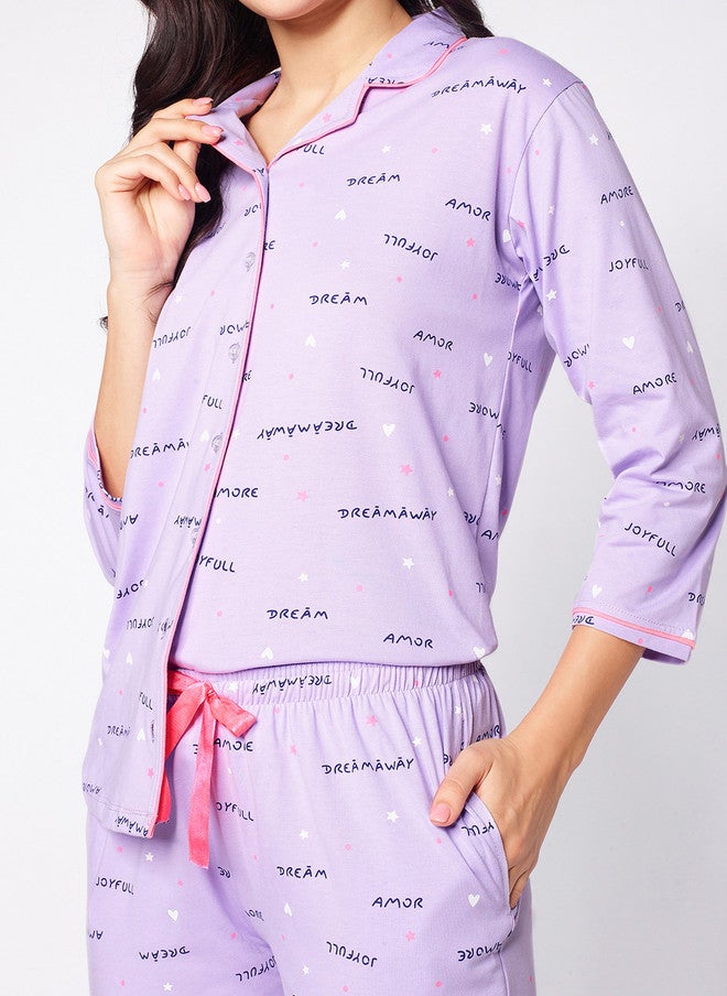 beebelle Lavender & Pink Typography Printed Night Suit - Image 2
