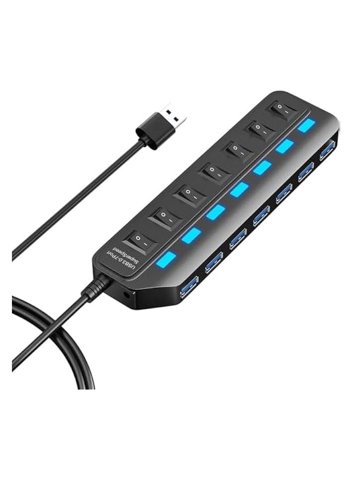 USB Hub 3.0, 7 Port USB Hub Splitter with Individual On/Off LED Switches, 5Gbps HighSpeed Data USB Extension for Laptop, iMac, USB Flash Drives, Mobile HDD, Printer, Camera and More