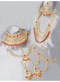 PEORA Peora Ethnic Traditional Gold Plated Kundan Dulhan Bridal Jewellery Set with Choker Earrings Maang Tikka Hathphool Set for Women  - Image 5
