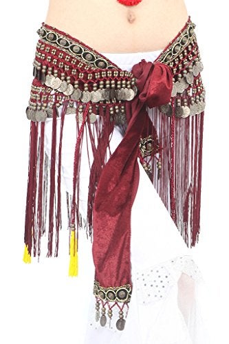 ZLTdream Women's Belly Dance Tribal Hip Scarf with Fringe Coins Flannel Dark Red, One Size - Image 5