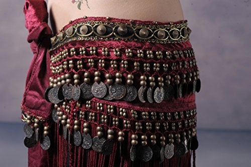 ZLTdream Women's Belly Dance Tribal Hip Scarf with Fringe Coins Flannel Dark Red, One Size - Image 2