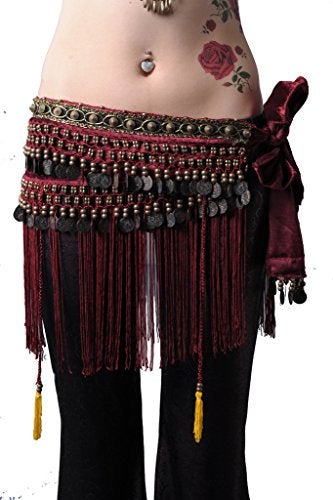 ZLTdream Women's Belly Dance Tribal Hip Scarf with Fringe Coins Flannel Dark Red, One Size - Image 1