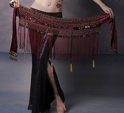 ZLTdream Women's Belly Dance Tribal Hip Scarf with Fringe Coins Flannel Dark Red, One Size - Image 4