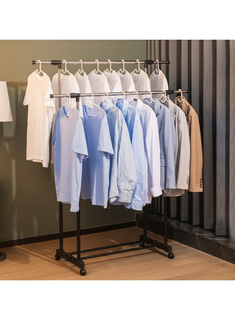 Deli VUSIGN Adjustable Double Rod Clothing Rack - 160cm Stainless Steel Garment Rail with 360° Wheels & Telescopic Rods, Heavy-Duty for Home/Shop - Image 1