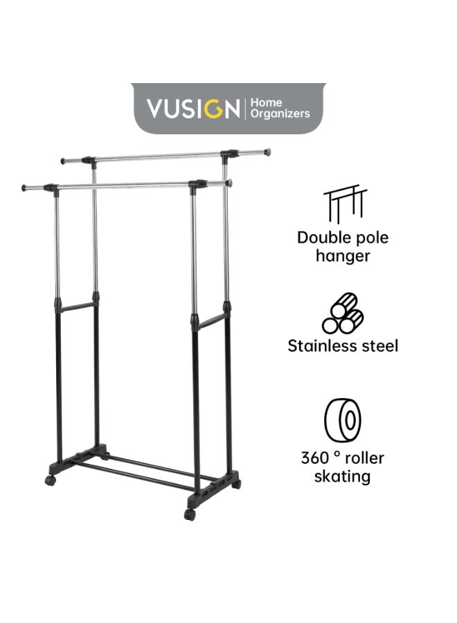 Deli VUSIGN Adjustable Double Rod Clothing Rack - 160cm Stainless Steel Garment Rail with 360° Wheels & Telescopic Rods, Heavy-Duty for Home/Shop - Image 2