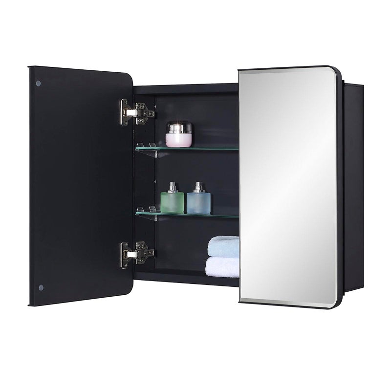 IDYLLOR Black Bathroom Medicine Cabinet with Round Corner Framed Door and Beveled Edge Mirror 22 x 20 inch, Recessed or Surface Mount, with Adjustable Glass Shelves - Image 1