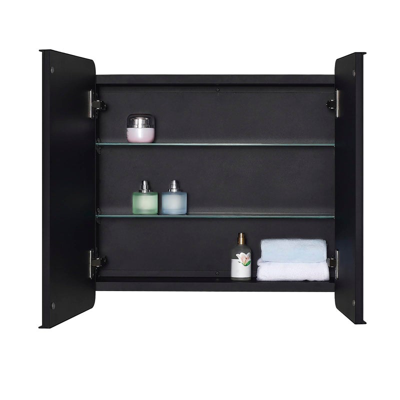 IDYLLOR Black Bathroom Medicine Cabinet with Round Corner Framed Door and Beveled Edge Mirror 22 x 20 inch, Recessed or Surface Mount, with Adjustable Glass Shelves - Image 3