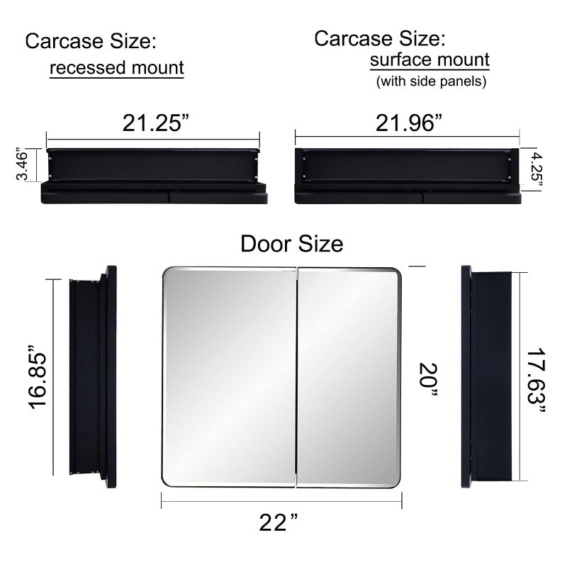 IDYLLOR Black Bathroom Medicine Cabinet with Round Corner Framed Door and Beveled Edge Mirror 22 x 20 inch, Recessed or Surface Mount, with Adjustable Glass Shelves - Image 5
