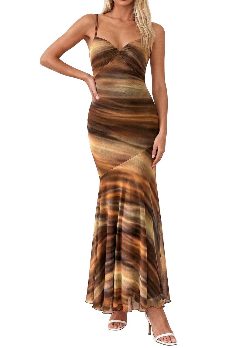 BTFBM Summer Dresses for Women 2026 Spaghetti Straps Sundress Twist Knot Mesh Mermaid Wedding Guest Dress Beach Vacation(Print Brown, X-Small) - Image 1