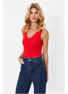 trendyol Red Soft Touch/Soft Fitted V Neck Snap Knitted Bodysuit TWOSS24BD00006  - Image 1