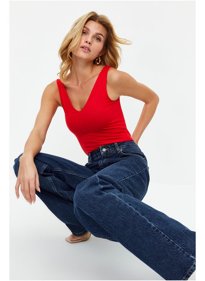 trendyol Red Soft Touch/Soft Fitted V Neck Snap Knitted Bodysuit TWOSS24BD00006  - Image 3