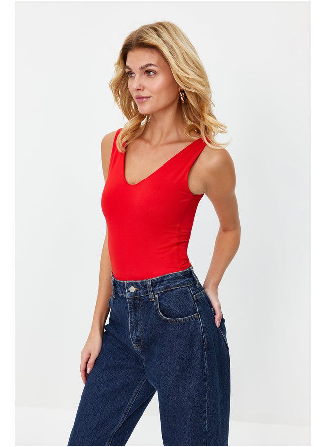 trendyol Red Soft Touch/Soft Fitted V Neck Snap Knitted Bodysuit TWOSS24BD00006  - Image 2