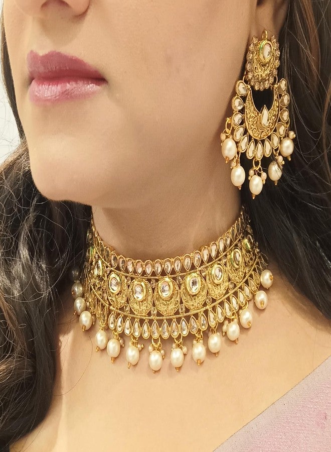 Efulgenz Indian Wedding Bridal Sets Traditional Faux Kundan Crystal Stone Necklace Chaandbali Earrings with Maang Tikka Bollywood Indian Jewelry for Women - Image 3