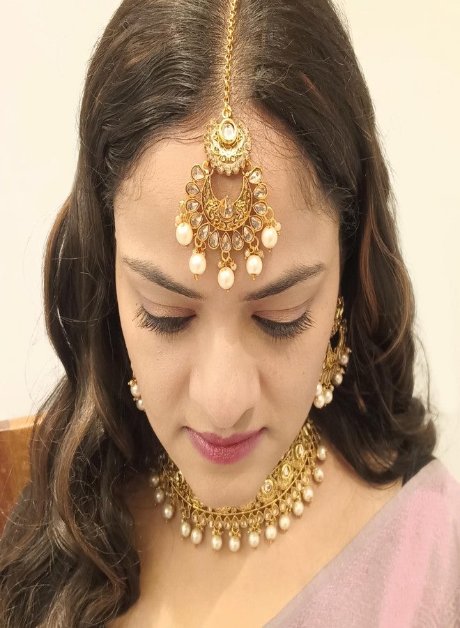 Efulgenz Indian Wedding Bridal Sets Traditional Faux Kundan Crystal Stone Necklace Chaandbali Earrings with Maang Tikka Bollywood Indian Jewelry for Women - Image 4