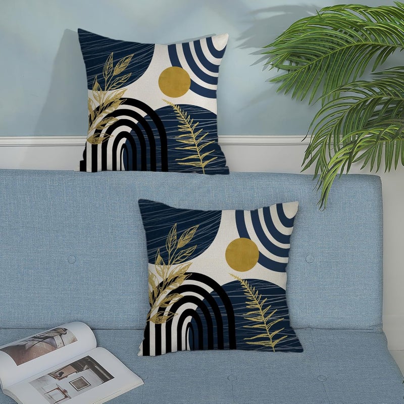 JEFERSO Boho Navy Blue Pillow Covers 18x18 Set of 2 Gold Tropical Leaf Decor Mid Century Throw Pillows Outdoor Bohemian Decorative Pillow Cases Farmhouse Abstract Modern Cushion Case for Couch Sofa - Image 3