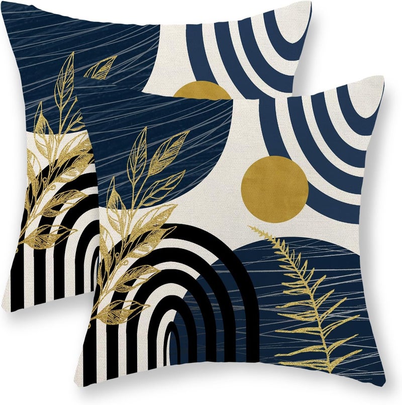 JEFERSO Boho Navy Blue Pillow Covers 18x18 Set of 2 Gold Tropical Leaf Decor Mid Century Throw Pillows Outdoor Bohemian Decorative Pillow Cases Farmhouse Abstract Modern Cushion Case for Couch Sofa - Image 1