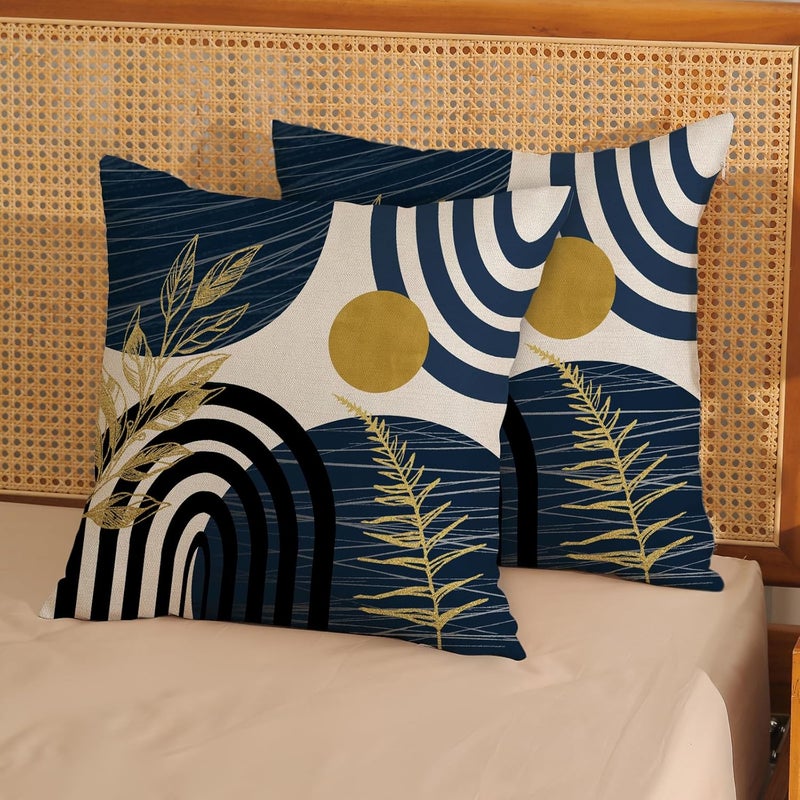 JEFERSO Boho Navy Blue Pillow Covers 18x18 Set of 2 Gold Tropical Leaf Decor Mid Century Throw Pillows Outdoor Bohemian Decorative Pillow Cases Farmhouse Abstract Modern Cushion Case for Couch Sofa - Image 2
