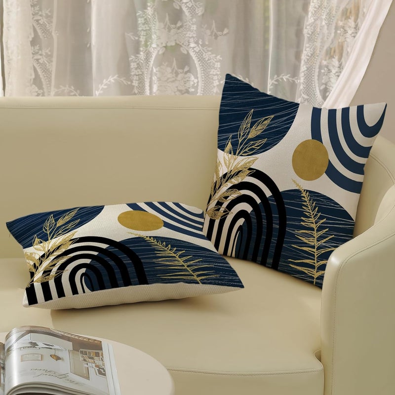 JEFERSO Boho Navy Blue Pillow Covers 18x18 Set of 2 Gold Tropical Leaf Decor Mid Century Throw Pillows Outdoor Bohemian Decorative Pillow Cases Farmhouse Abstract Modern Cushion Case for Couch Sofa - Image 4