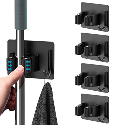 homeasy Mop Broom Holder No Drill, Mop Broom Organizer Wall Mounted Heavy Duty with Hooks Hanger, Self Adhesive Stainless Steel 4Pcs for Bathroom, Kitchen, Office (Black) - Image 1