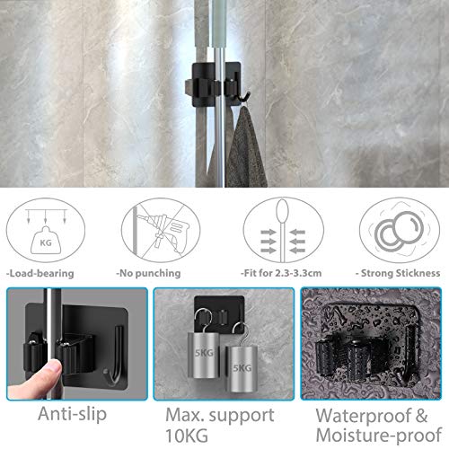 homeasy Mop Broom Holder No Drill, Mop Broom Organizer Wall Mounted Heavy Duty with Hooks Hanger, Self Adhesive Stainless Steel 4Pcs for Bathroom, Kitchen, Office (Black) - Image 3