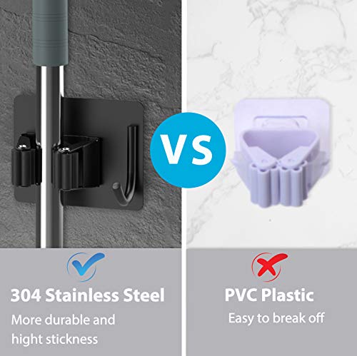 homeasy Mop Broom Holder No Drill, Mop Broom Organizer Wall Mounted Heavy Duty with Hooks Hanger, Self Adhesive Stainless Steel 4Pcs for Bathroom, Kitchen, Office (Black) - Image 2
