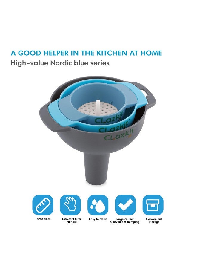 Clazkit مجموعة قمع المطبخ Clazkit® المكونة من 3 قطع - قمع متداخل مع مقبض، فم واسع من البلاستيك الغذائي، مصفاة قابلة للفصل للسوائل والمكونات الجافة والمساحيق - Image 2