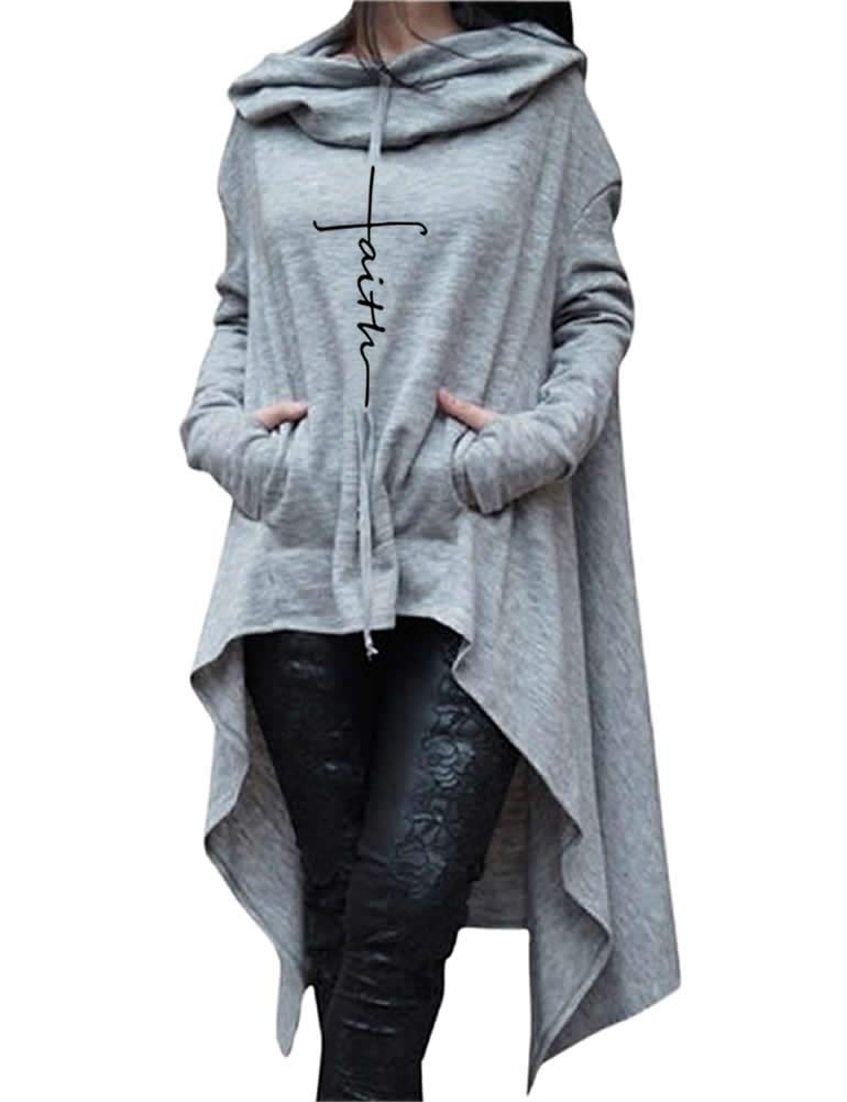 Rfecccy Faith Print Long Sleeve Loose Casual Pullovers Irregular Hem Long Hoodies for Women Grey - Image 1