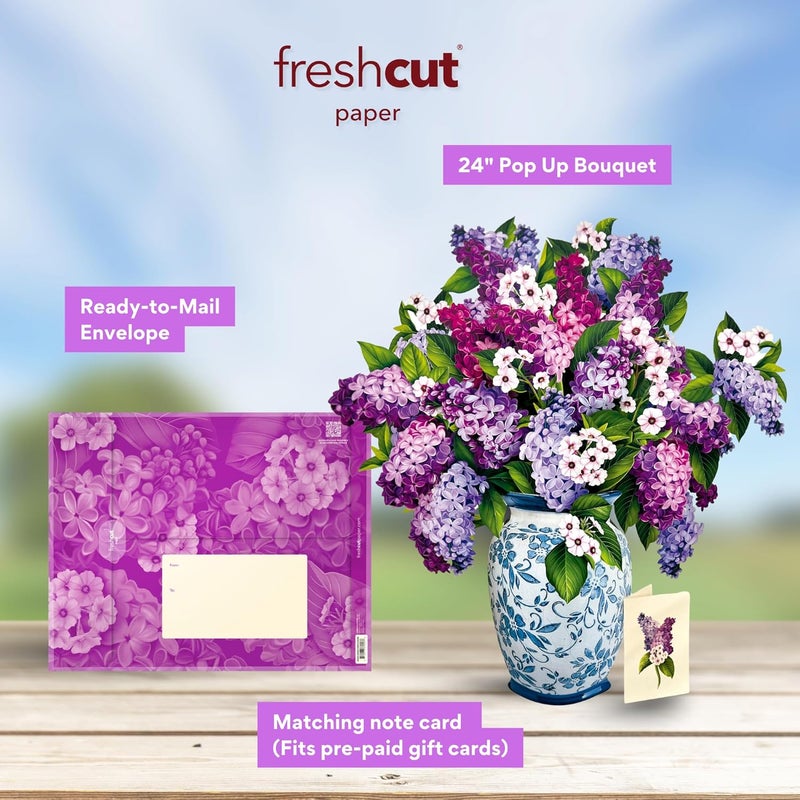 Freshcut Paper بطاقات المنبثقة، باقة زهور الليلك الكبيرة، باقة زهور أبدية بحجم 18 بوصة، بطاقة تهنئة ثلاثية الأبعاد منبثقة، بطاقات عيد ميلاد، بطاقة شكر، بطاقة ملاحظات فارغة ومظروف - Image 3