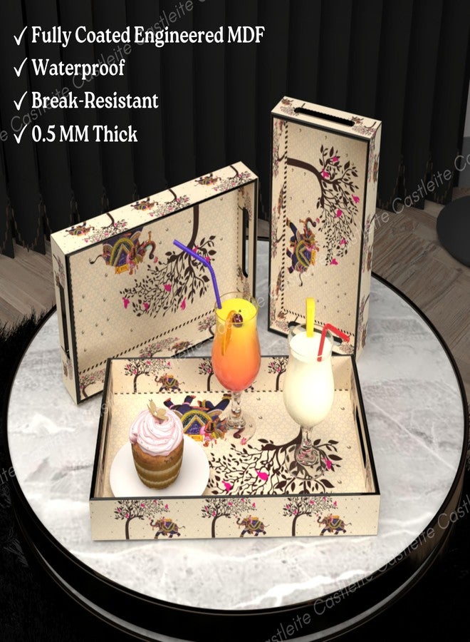 Castleite Elisa Mandala Wooden Trays for Serving & Decoration-Set of 3|Handcrafted Organizers with Cut-Out Handles |Epoxy Resin Finish-Size Small, Medium & Large (Tradivibe), rectangular - Image 3