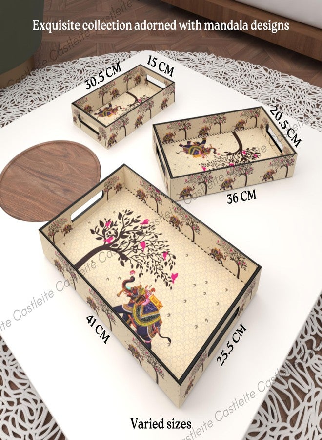Castleite Elisa Mandala Wooden Trays for Serving & Decoration-Set of 3|Handcrafted Organizers with Cut-Out Handles |Epoxy Resin Finish-Size Small, Medium & Large (Tradivibe), rectangular - Image 4