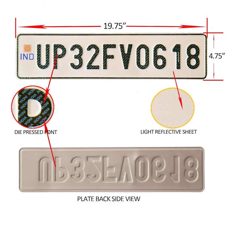 AUTOFRIEND Car Ind Number Plate | Road Legal Font | No Bar Or Serial Code On Plate | Same Size Front and Rear Both Plate Available | Four Wheeler Private Car Plate - White Model - Image 5
