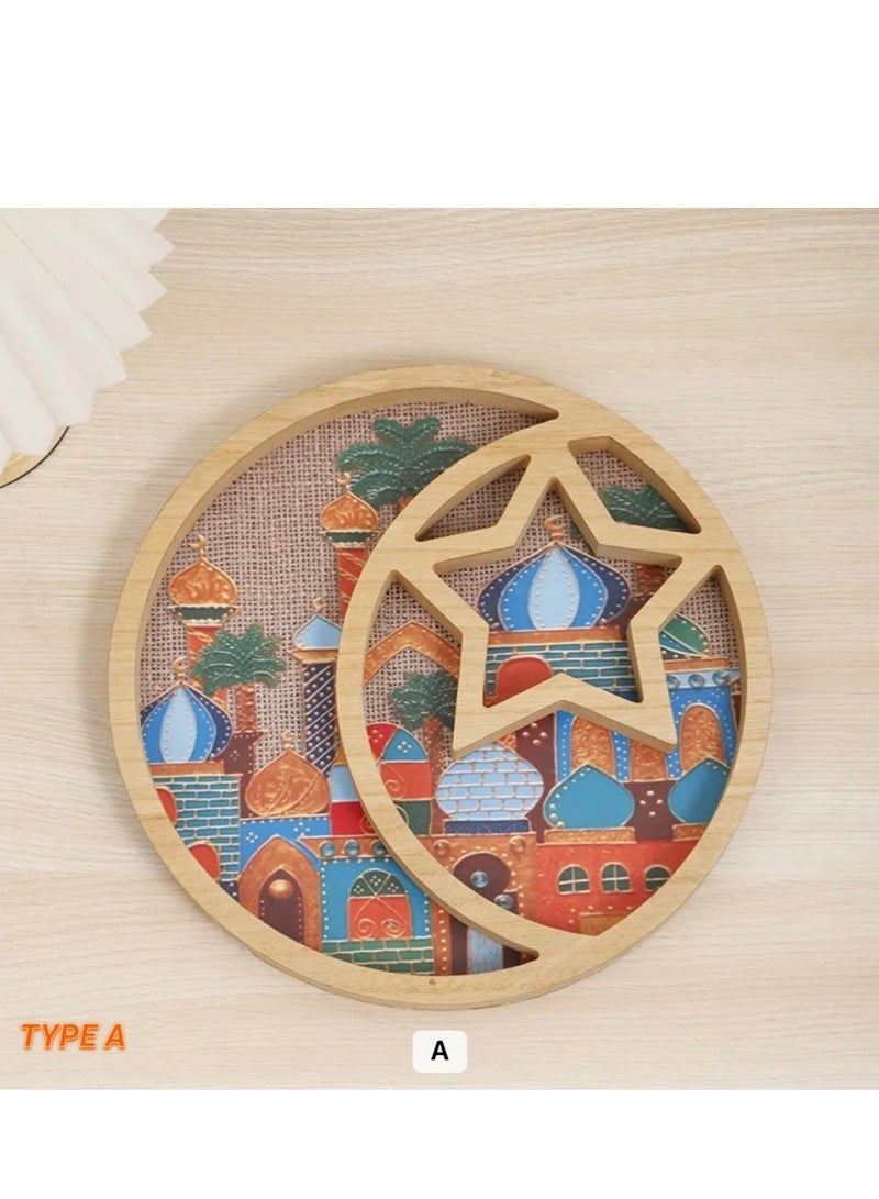 Moon Star Round Wooden Tray  Eid Ramadan Party Home Decoration Tray Candy Fruit Dessert Serving Tray - Image 1