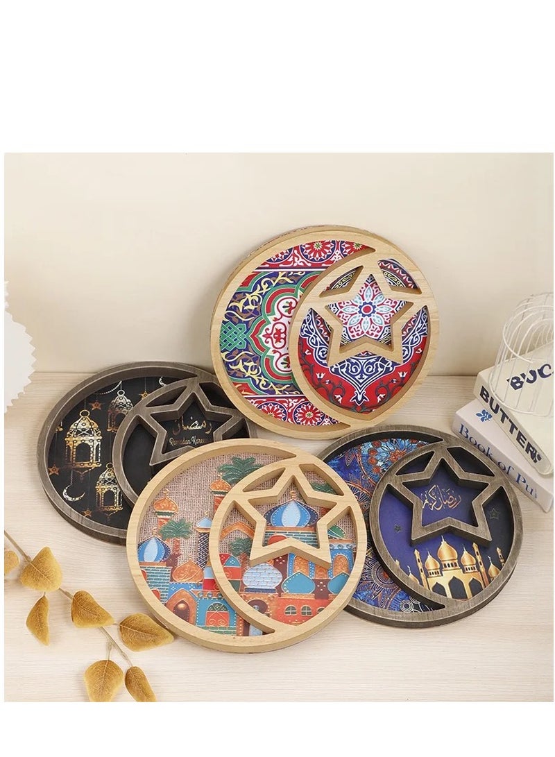 Moon Star Round Wooden Tray  Eid Ramadan Party Home Decoration Tray Candy Fruit Dessert Serving Tray - Image 2