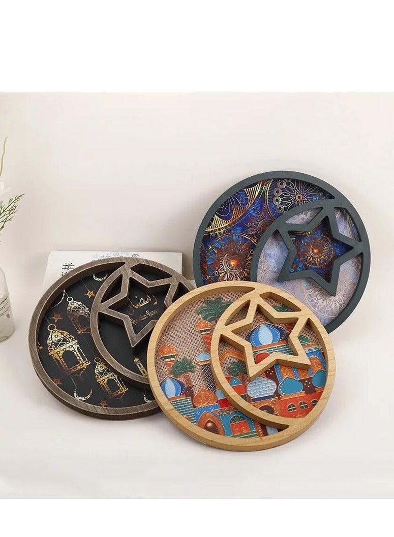 Moon Star Round Wooden Tray  Eid Ramadan Party Home Decoration Tray Candy Fruit Dessert Serving Tray - Image 4
