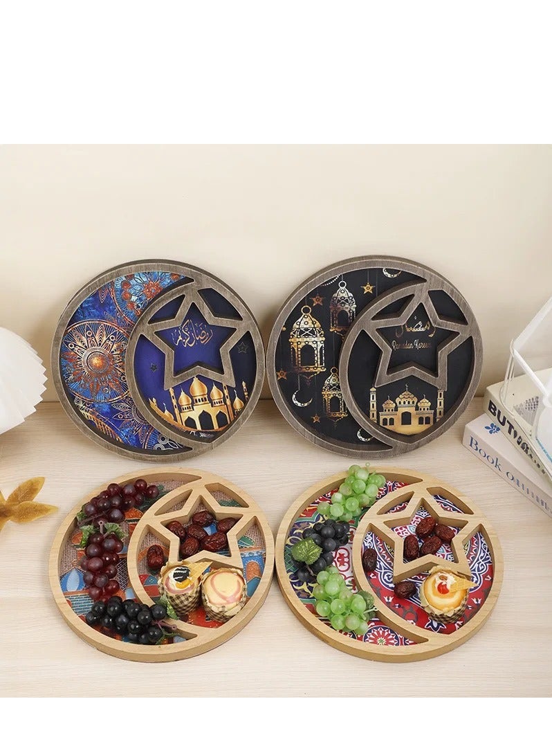 Moon Star Round Wooden Tray  Eid Ramadan Party Home Decoration Tray Candy Fruit Dessert Serving Tray - Image 3