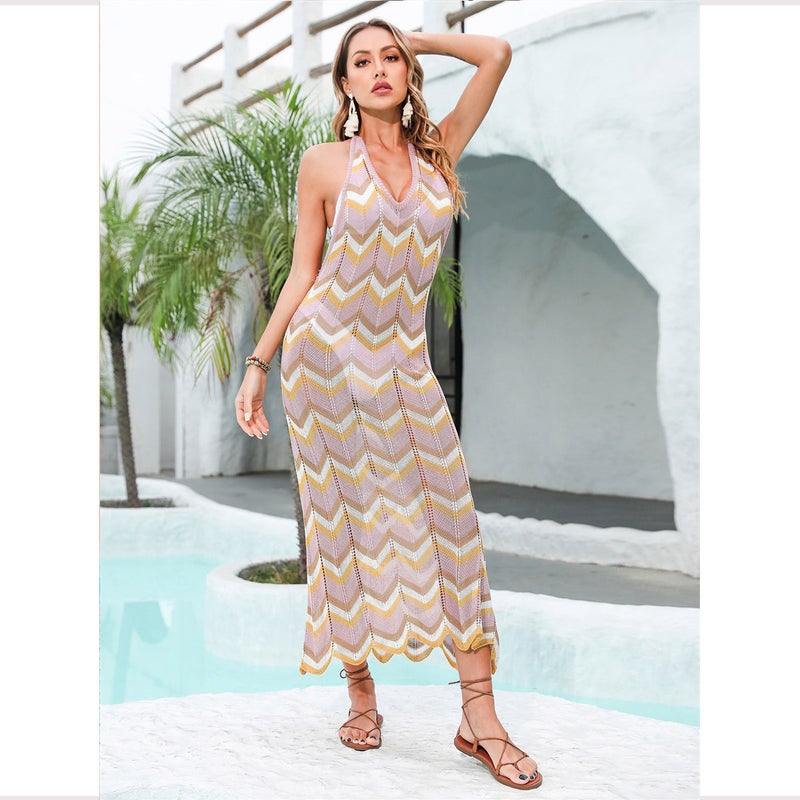 Beach Maxi Dress with Spaghetti Straps 2025 New Cross-Border Striped Color-Blocked Large Hem Tie-Up Vacation Style Beach Dress - Image 1