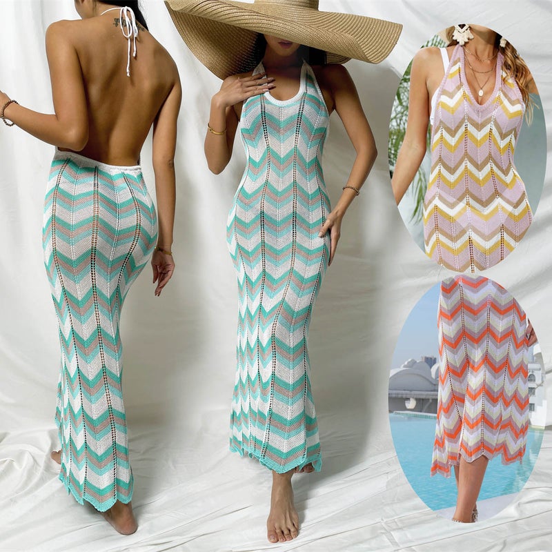 Beach Maxi Dress with Spaghetti Straps 2025 New Cross-Border Striped Color-Blocked Large Hem Tie-Up Vacation Style Beach Dress - Image 3
