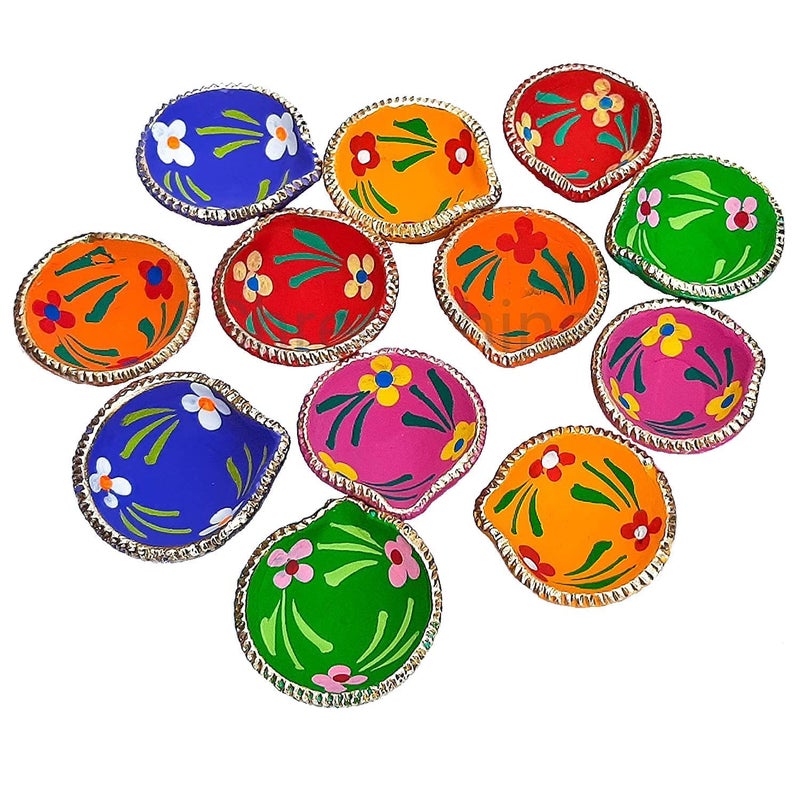 ASIDEA Hand Made Colourful Clay Diya for Diwali Decoration Deepak lamp Set of 15 Pieces - Image 1