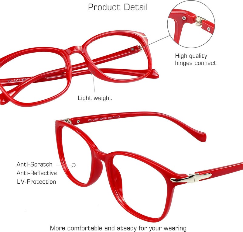 VisionGlobal Blue Light Blocking Glasses for Women, Anti Eyestrain, Computer Reading, TV Glasses, Stylish Square Frame, Anti Glare(Red,+1.75 Magnification) - Image 2