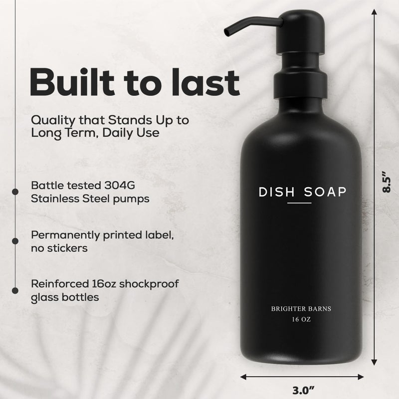 Brighter Barns Black Glass Hand and Dish Soap Dispenser Set by Brighter Barns - Kitchen Soap Dispenser Set & Pump - Glass Bottles for Kitchen Sink - Modern Farmhouse Counter Decor, Neutral Home Decor, Gifts (Black) - Image 3