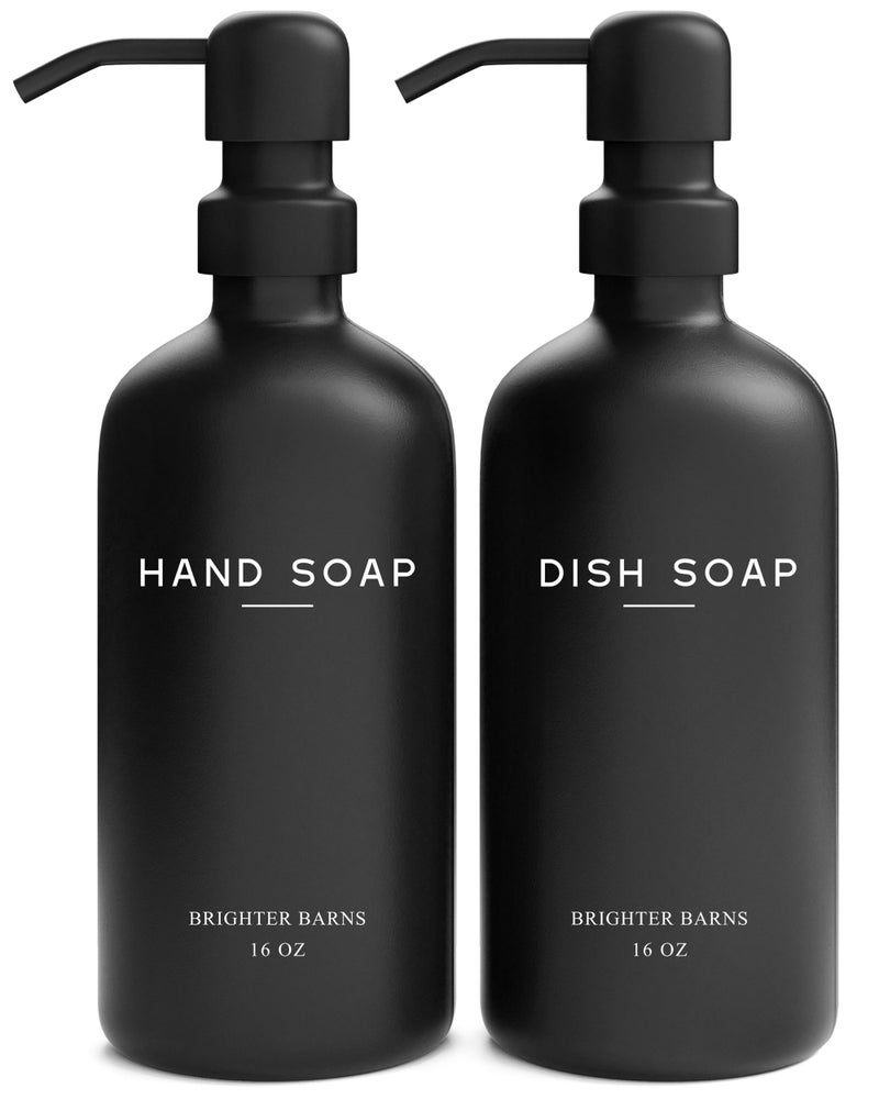 Brighter Barns Black Glass Hand and Dish Soap Dispenser Set by Brighter Barns - Kitchen Soap Dispenser Set & Pump - Glass Bottles for Kitchen Sink - Modern Farmhouse Counter Decor, Neutral Home Decor, Gifts (Black) - Image 1