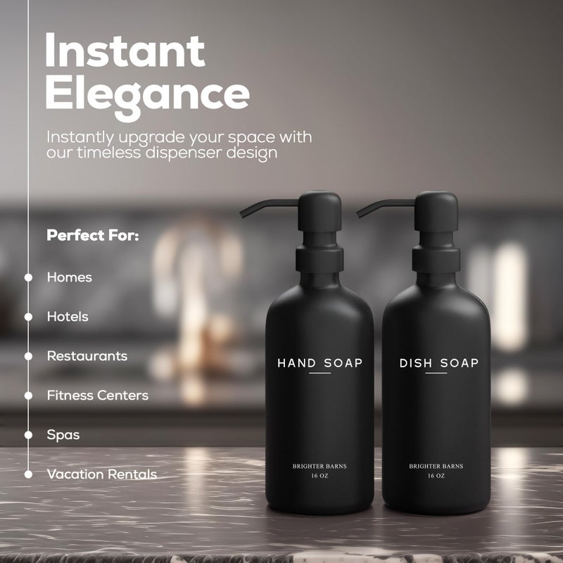 Brighter Barns Black Glass Hand and Dish Soap Dispenser Set by Brighter Barns - Kitchen Soap Dispenser Set & Pump - Glass Bottles for Kitchen Sink - Modern Farmhouse Counter Decor, Neutral Home Decor, Gifts (Black) - Image 2