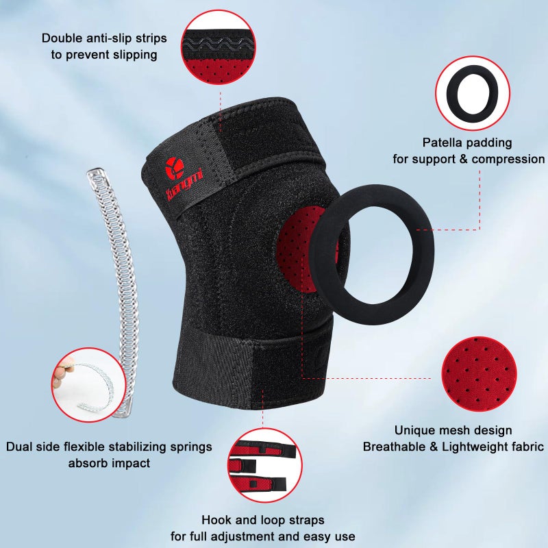 Kuangmi Knee Brace with Side Stabilizers & Patella Gel Pad Adjustable Compression Knee Support with Arthritis Relief Injury Recovery Running Weightlifting Climbing Basketball(Black 2-Springs S/M - Image 2